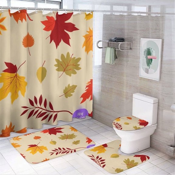 Autumn Leaves Pattern Shower Curtain Waterproof Bathroom Curtain Set with Hooks Home Decor Bathroom Curtains 4pcs