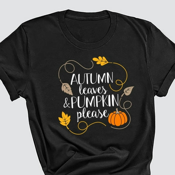 Autumn Leaves Pumpkin Graphic Tee Fall T Shirt Tops Comfortable Cotton Short Sleeve Round Neck Black S-5XL