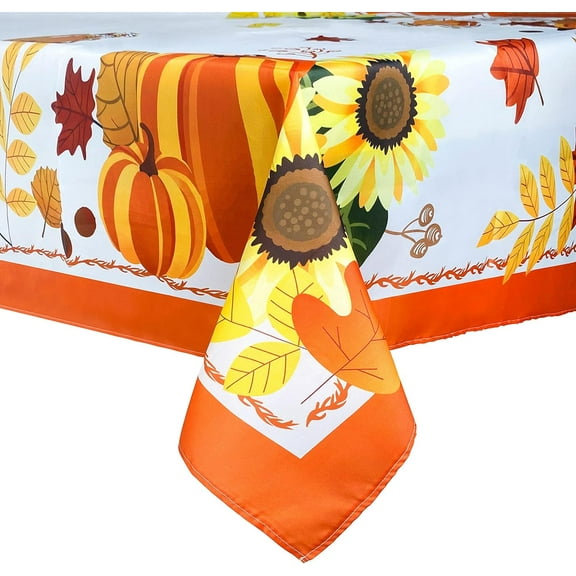 Autumn Leaves Pumpkin Turkey Sunflower Printed Fabric Tablecloth for Fall/Harvest/Thanksgiving, 60"x102" Oblong/Rectangle Table Cover for Dinner Kitchen Party Holiday Decoration