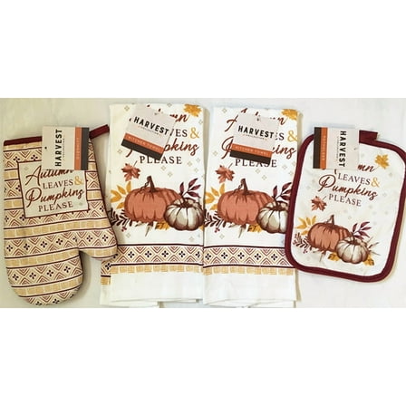 Autumn Leaves Pumpkins Kitchen Towels Pot Holder oven mitt Set