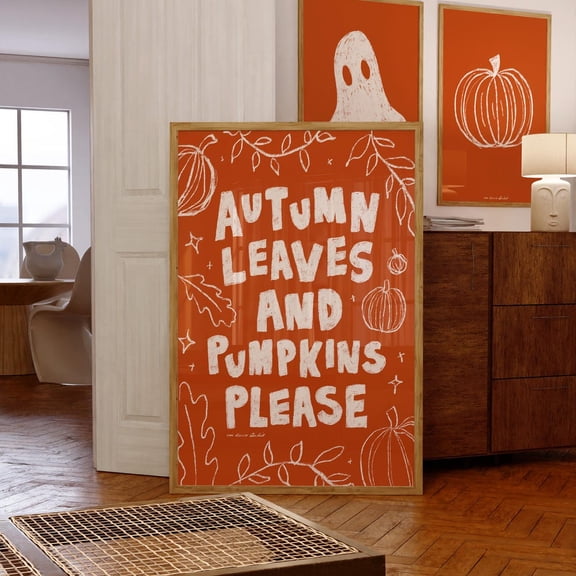 Autumn Leaves And Pumpkins Please Print Poster, Hallo.Ween Horror Pumpkins Vintage Trendy Retro Mid Century Print, Modern Kitchen Wall Art UNFRAMED PAPER POSTER, Home Decor, Vintage Gift