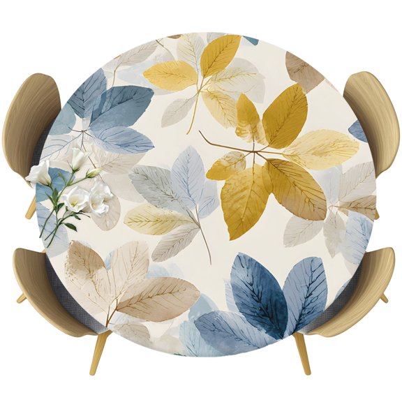 Autumn Leaves Round Tablecloth 36-44 Inch Round Fitted Table Cloth with Elastic Edge, Vintage Blue Yellow Falling Leaf Peduncles Waterproof Table Cover Protector for Outdoor Picnic Party Dining