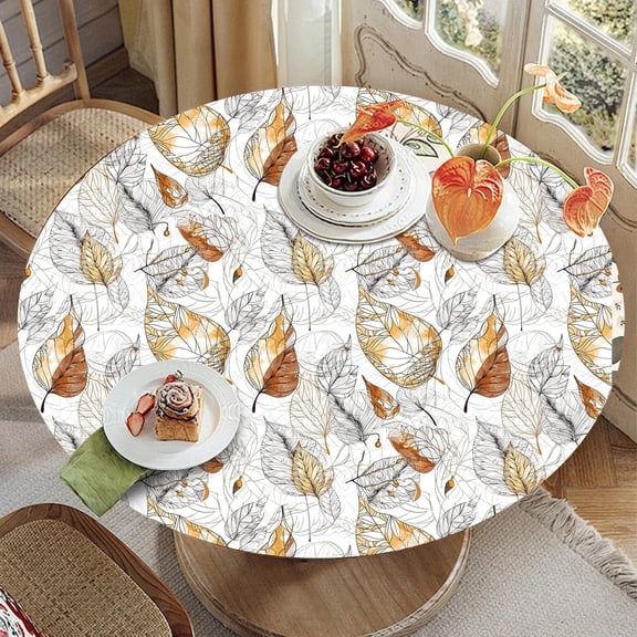 Autumn Leaves Round Tablecloth – Fitted Circle Table Cover with Elastic Edge, Waterproof & Washable Polyester Table Cloth for 35" to 42" Indoor/Outdoor Tables