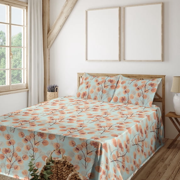Ambesonne Autumn Leaves Fitted & Flat Sheet with Sham 3 Pcs Set, Simple Leafy Branches, Twin, Mint Green Burnt Sienna