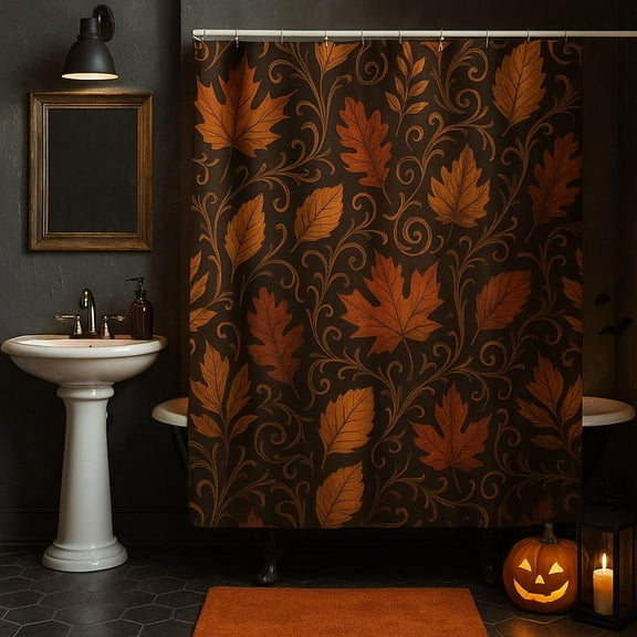 Autumn Leaves Shower Curtain, Fall Foliage Bathroom Decor with Dark Brown & Orange Leaf Pattern, Autumn Cozy Home Decor, Floral Bath Decor
