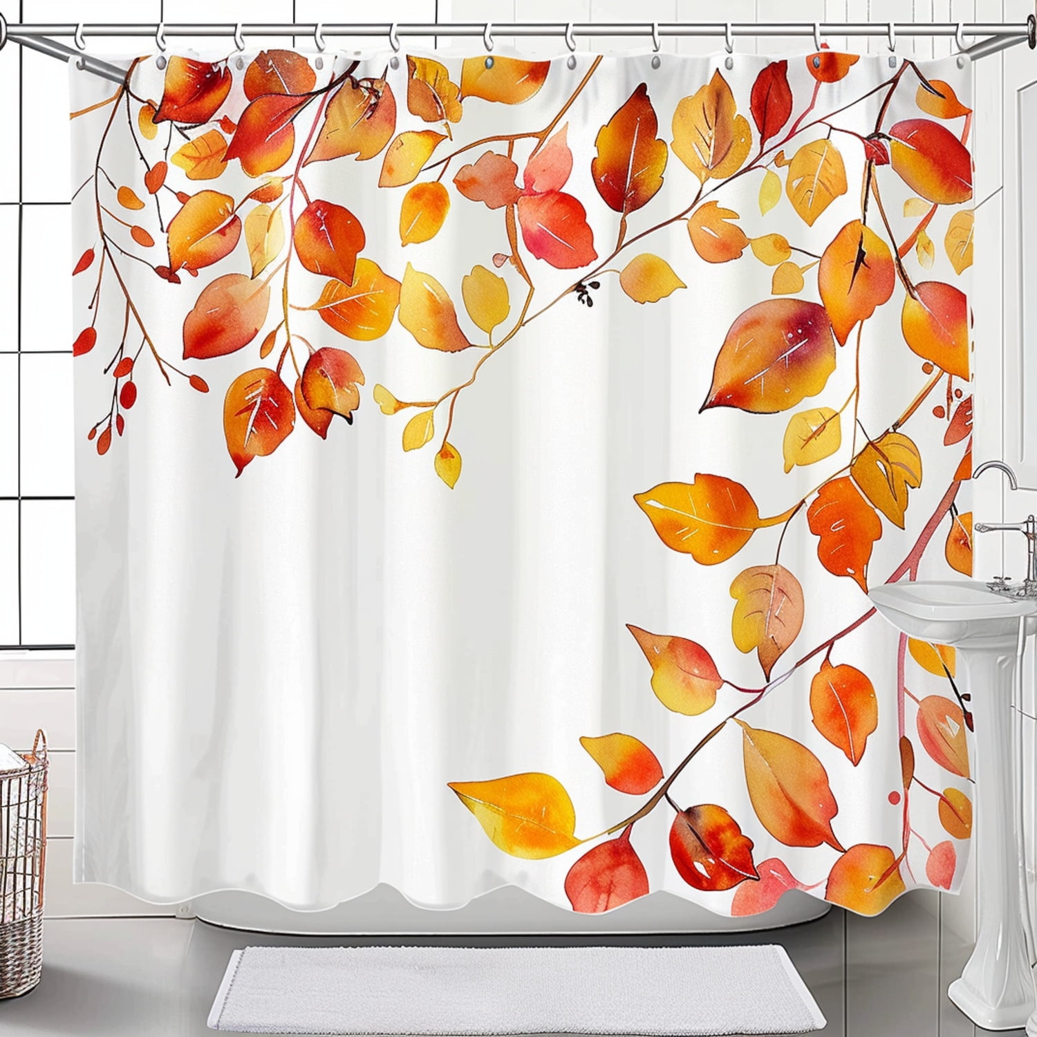 Autumn Leaves Shower Curtain Set Cozy Bathroom Decor with Bright