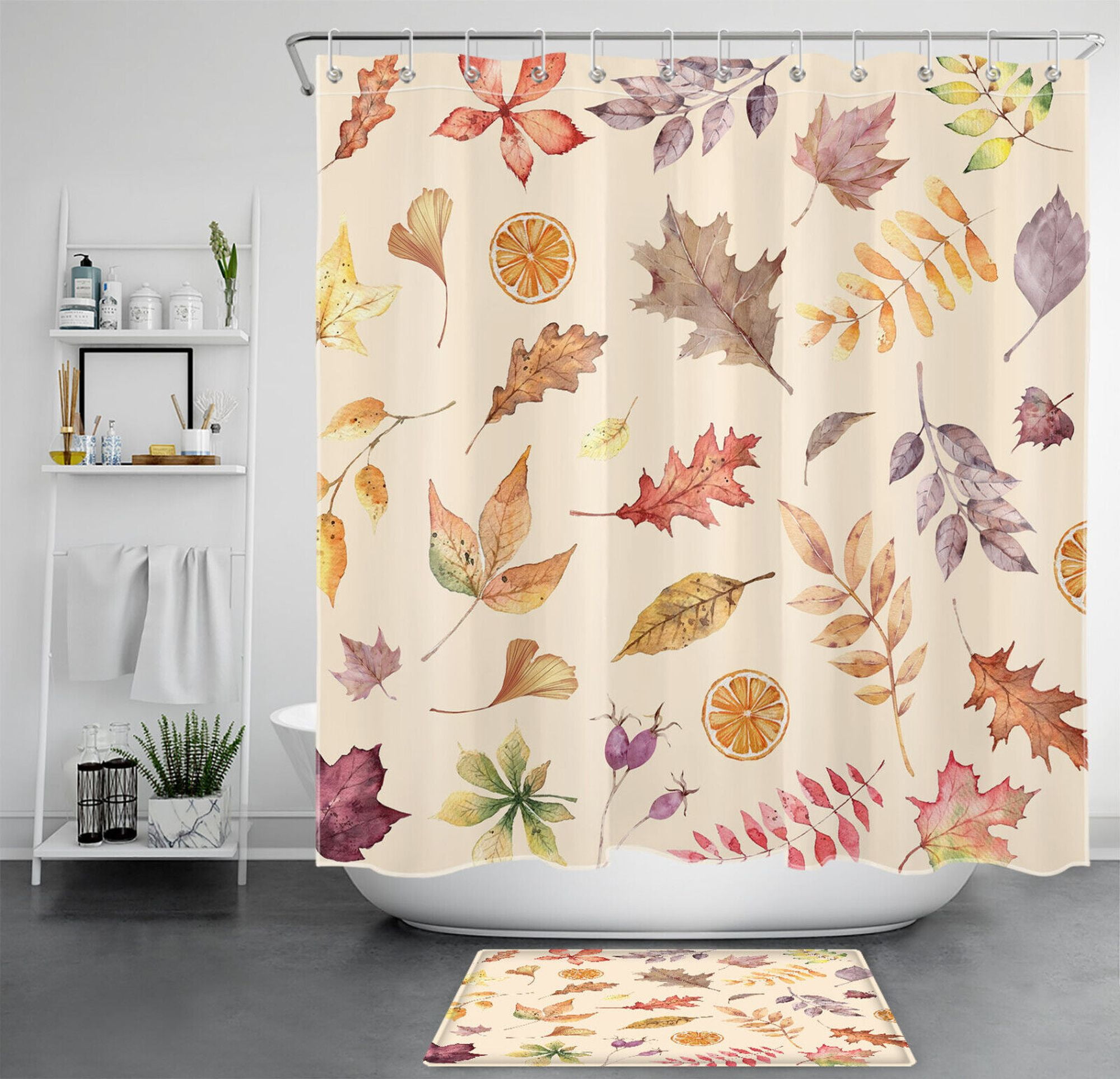 Autumn Leaves Shower Curtain Set Vibrant Orange and Beige Fall
