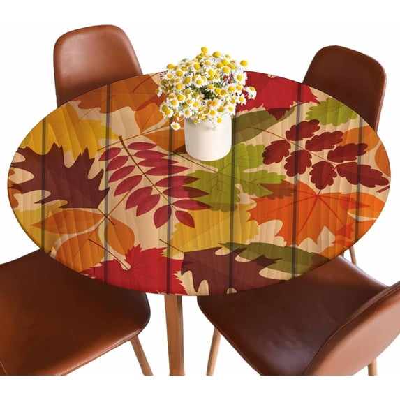 Autumn Leaves Tablecloth Round Yellow Thanksgiving Day Harvest Festival Fall Waterproof Wipeable Table Cloth Cover Table Pad Cover for Dining Room Fitted 40-44 inch