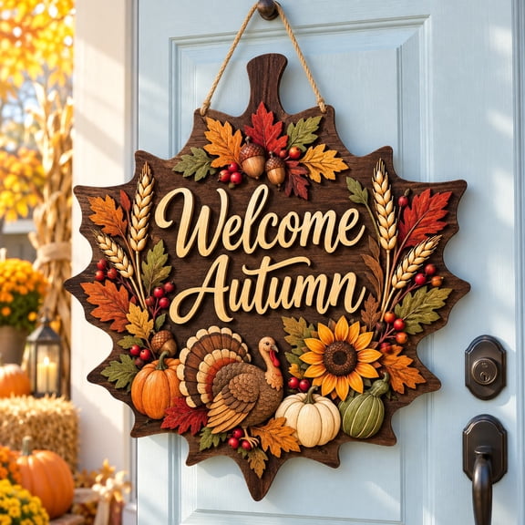 Autumn Leaves Turkey Wooden Door Sign for Thanksgiving Entryway Decor