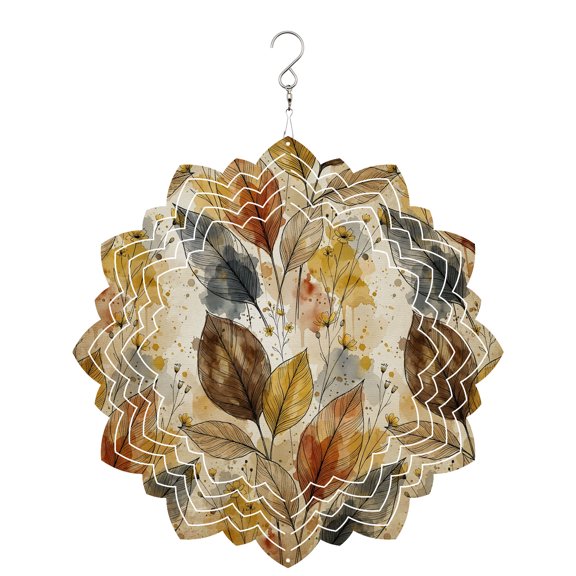 Autumn Leaves Wind Spinner for Garden Yard 8In, Botanical Rustic Brown Watercolor Leaf 3D Stainless Steel Kinetic Hanging Wind Spinners Rustproof Outdoor Decor for Lawn Patio Home