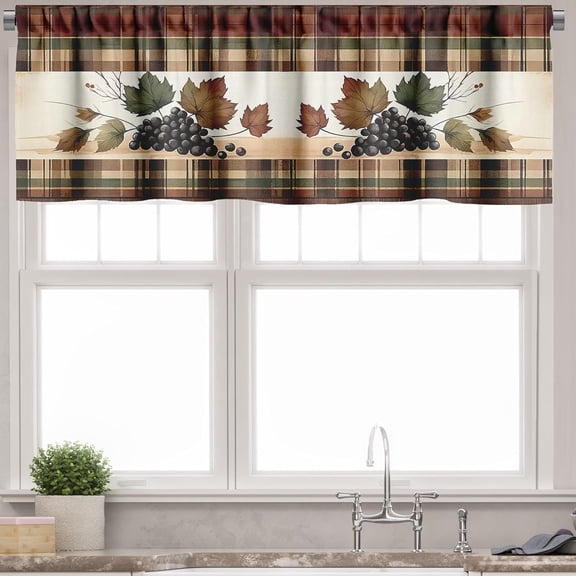 Autumn Leaves Window Valance Pack of 2, Modern Fall Season Leafy Berry Huddle with Buffalo Plaid Earthy, Rod Pocket Curtain Valances Kitchen Bedroom, 42" X 12",Khaki Maroon Caramel