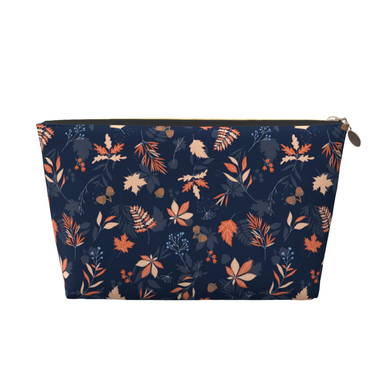 Autumn Leaves With Blue Leather Makeup Bag, Cosmetic Bags Travel