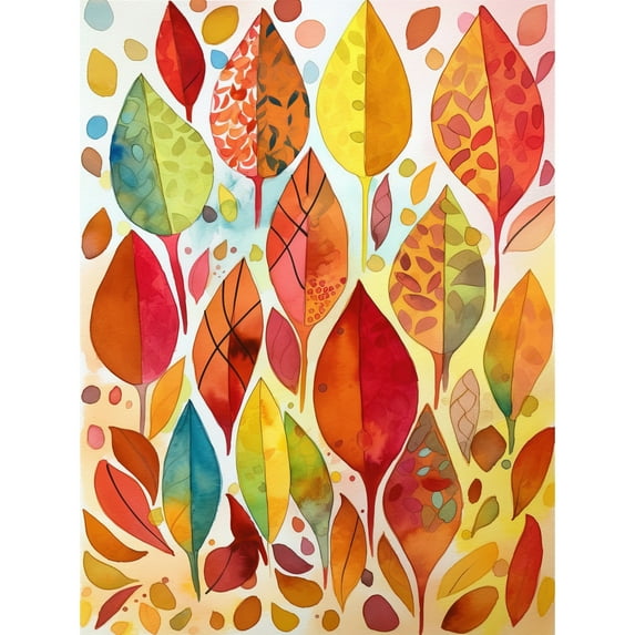 Autumn Leaves With Multicoloured Patterns Folk Art Watercolour Painting Unframed Wall Art Print Poster Home Decor Premium