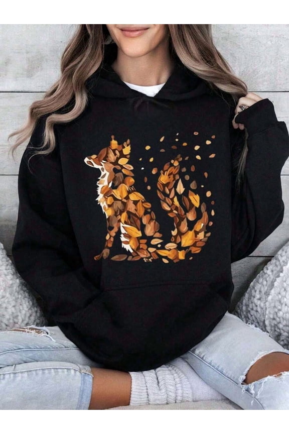 Autumn Leaves Wolf Print Women's Hoodie Fall Seasonal Casual Wear
