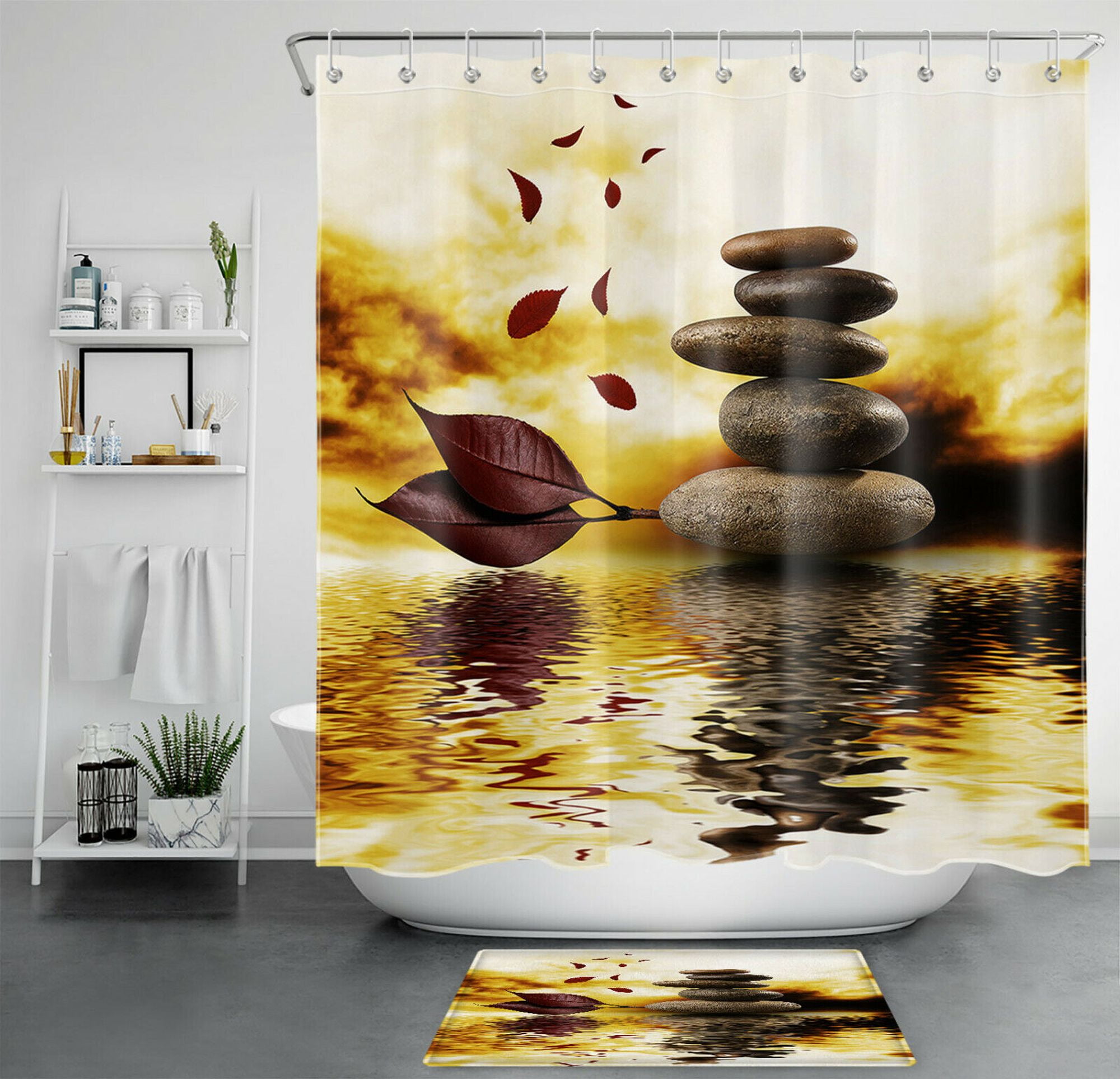Autumn Leaves Zen Pebbles Shower Curtain Asian Spa Lake Bathroom