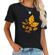 TMANI Autumn Leaves and Acorns Fall for Women Thanksgivi Summer Tops for Women - Trendy Short Sleeve Shirt with Eye-catching Graphic