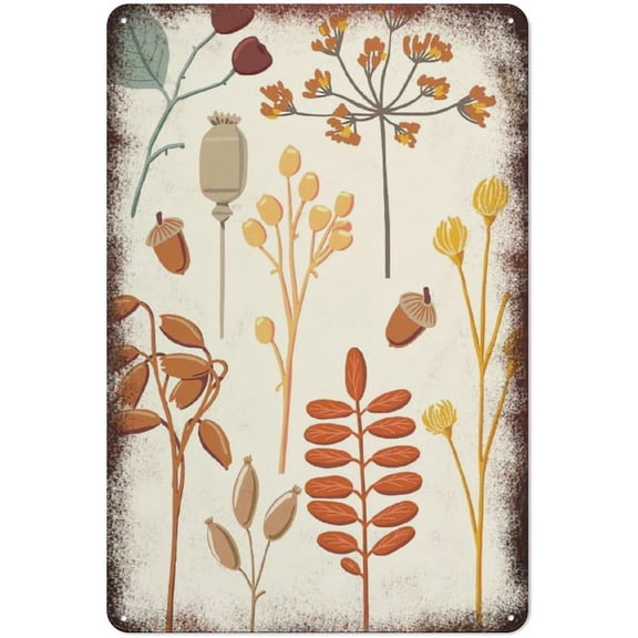 Autumn Leaves and Acorns Vintage Tin Wall Sign, Botanical Woodland Oak Art Decor for Living Room, Garden, Bedroom, Kitchen, Office, 8 x 12 Inch
