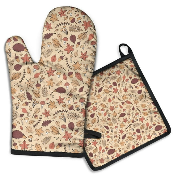 Autumn Leaves and Fall Hedgehog Pattern Kitchen Oven Mitt and Pot Holder Sets 2 Pcs for Baking, Cooking and Grilling, Heat Resistant Up To 392 °F