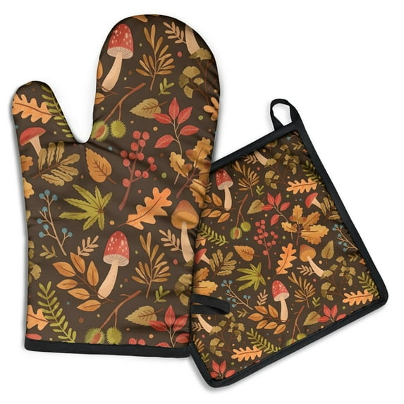 Autumn Leaves and Fall Mushrooms Pattern Kitchen Oven Mitt and Pot Holder Sets 2 Pcs for Baking, Cooking and Grilling, Heat Resistant Up To 392 °F