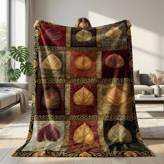 Autumn Leaves and Ornate Scrollwork Burgundy and Gold, Patchwork Design, Printed Polyester Fleece Throw Blanket, 280 GSM, for Couch and Reading Nook