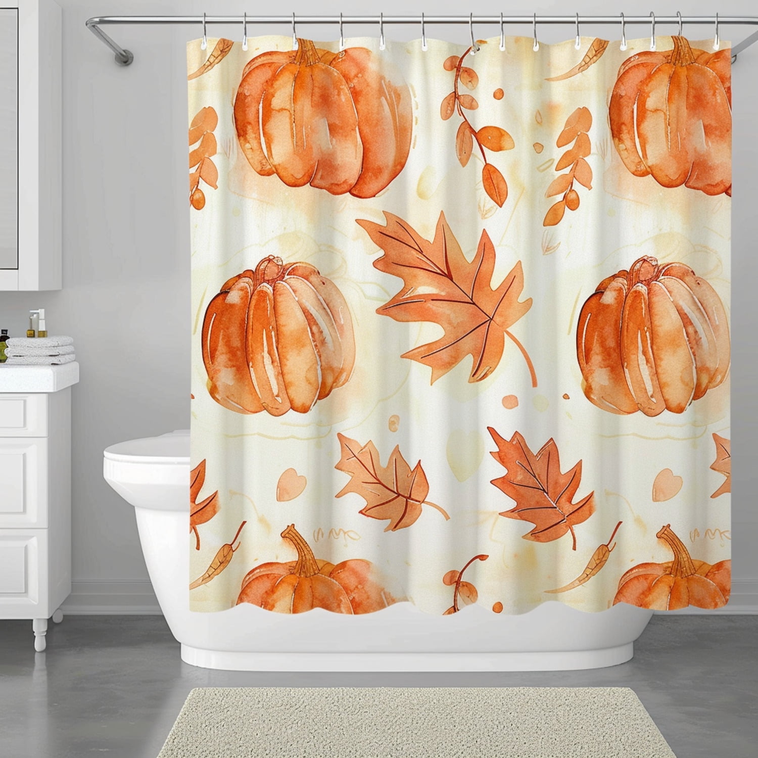 Autumn Leaves and Pumpkins Watercolor Shower Curtain Modern Bathroom ...