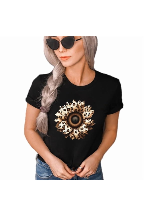 Autumn Leopard Sunflower T Shirt Cute Flower Graphic Loose Tees Crew Neck Short Sleeve Casual Tops (Black-Small)