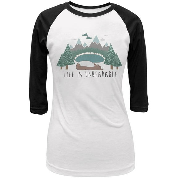 Autumn Life is Unbearable Bear Pun Juniors 3/4 Sleeve Raglan T Shirt White-Black LG