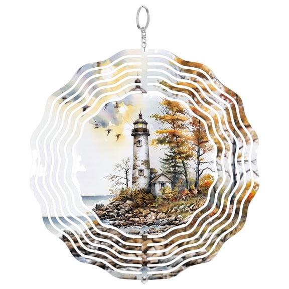 Autumn Lighthouse Seascape 3D Wind Spinner Stainless Steel Kinetic Art Coastal Garden Decor