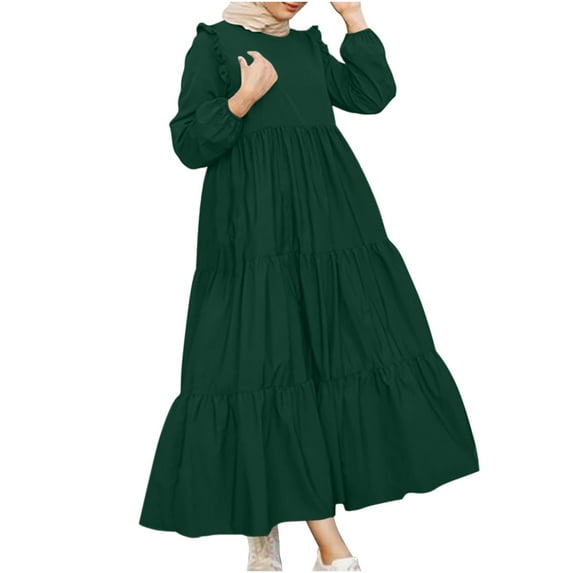Autumn Linen Maxi Dress for Women Long Sleeve Crewneck Ruffle Long Dress Casual Loose Cute Pleated Tiered Flowy Dress