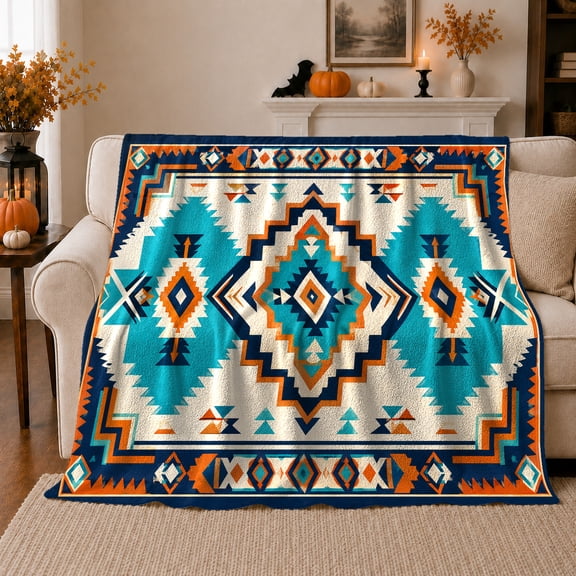 Autumn Living Room Chair Turquoise Orange Aztec, Cozy Friendship Quote Scene, Warm Flannel Blanket for Living Room and Reading Nook, Art Lovers Thanksgiving Gift, Artistic Home Decor