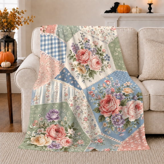 Autumn Living Room Vintage Floral Patchwork Quilted, Cozy Botanical Garden Scene, Warm Flannel Blanket for Sunroom and Reading Nook, Garden Lovers Thanksgiving Gift, Botanical Home Decor