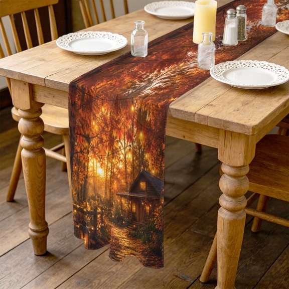 Autumn Log Cabin 4.5ft Cheesecloth Table Runner for Wedding 19"x55", Rustic Country Stone Path String Light Forest Kitchen Dinner Sheer Tulle Chiffon Dresser Scarf, Holiday Party Decorations