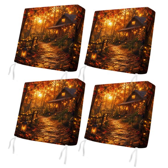 Autumn Log Cabin 4 Pcs Patio Cushion Covers, Rustic Country Stone Path String Light Forest Waterproof Outdoor Cushion Cover, Replacement Washable Sofa Chair Seat Cover with Zipper 24"x24"x4"