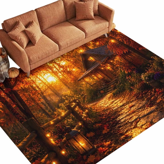Autumn Log Cabin 9'x12' Area Rugs for Living Room Sectional Sofa, Rustic Country Stone Path String Light Forest Washable Sturdy Non Slip Soft Sturdy Rectangle Home Area Rug