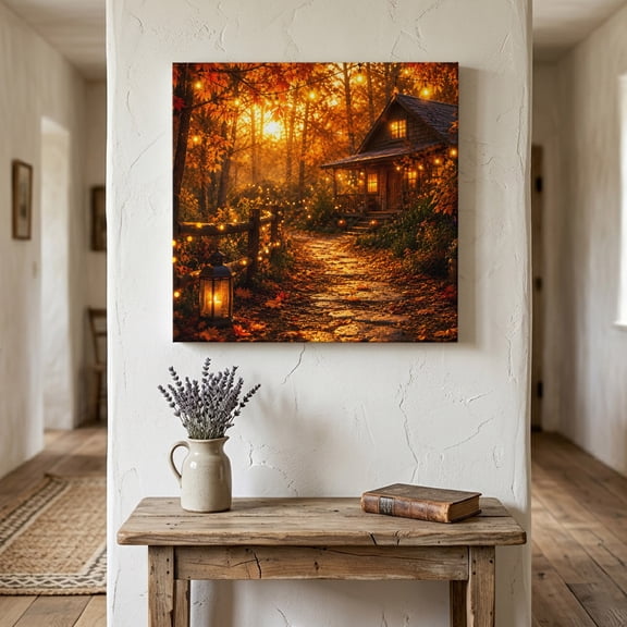 Autumn Log Cabin Canvas Wall Art Framed Wall Decor for Living Room Bedroom Bathroom, Rustic Country Stone Path String Light Forest Canvas Pictures Ready to Hang Decor, 10"x10"