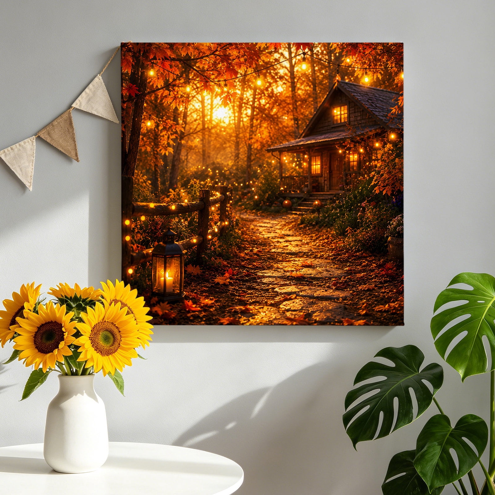 Rustic Simple Headstone Autumn Log Cabin Canvas Wall Art, Rustic Country Stone Path String ...