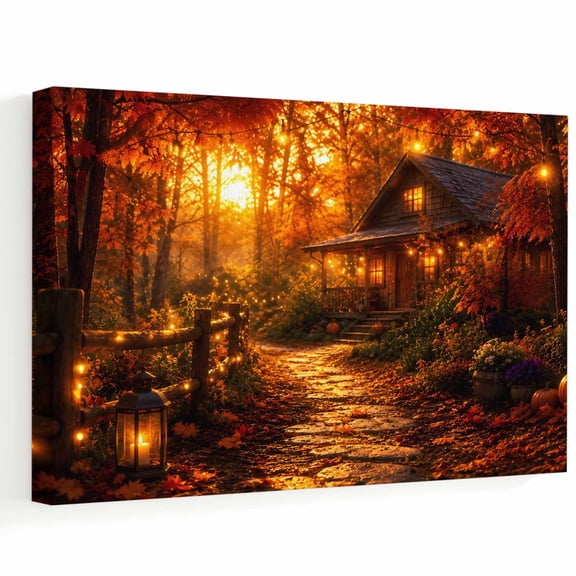 Autumn Log Cabin Canvas Wall Art, Rustic Country Stone Path String Light Forest Wall Art Prints Artwork Framed Canvas Ready to Hang Art Pictures for Bathroom, Dressing Table, Entryway 12" x 8"