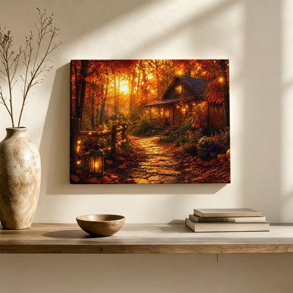 Autumn Log Cabin Canvas Wall Art, Rustic Country Stone Path String Light Forest Wood Framed Gallery Wrapped Canvas Print Wall Art Decor Ready to Hang for Bedroom Living Room 30x20in