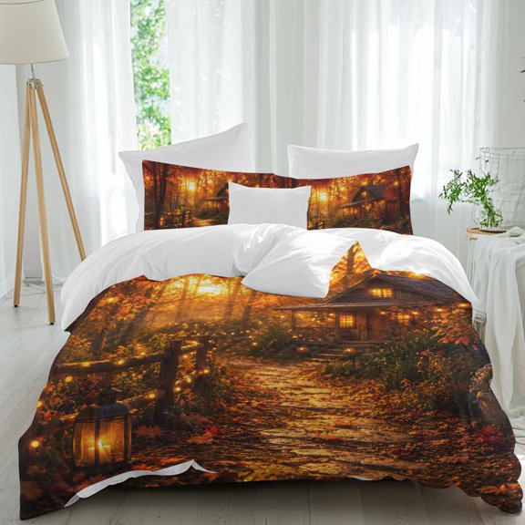 Autumn Log Cabin Comforter Set Twin Size, Rustic Country Stone Path String Light Forest Soft Bedding Set for Man Woman, 4 Pieces Duvet Cover Set with Fitted Sheet, 2 Pillowcases