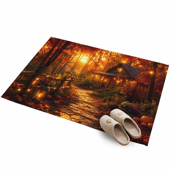 Autumn Log Cabin Entryway Rug 2'x3' Rustic Country Stone Path String Light Forest Small Area Rug Non-Slip Front Door Mat Washable Floor for Front‑Door Area, Kitchen Sink Zone, Bathroom
