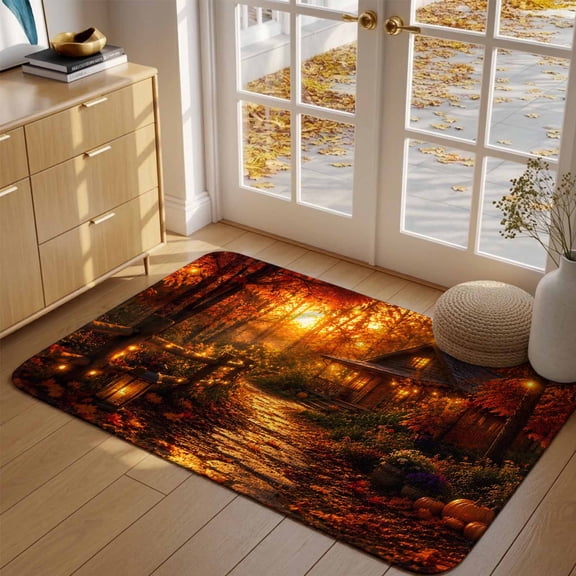 Autumn Log Cabin Front Door Mat Indoor Entrance, Rustic Country Stone Path String Light Forest Absorbent Dirt Resist Welcome Mats Non-Slip Low-Profile Doormat Washable Entry Rug Indoor 20X32 Inch