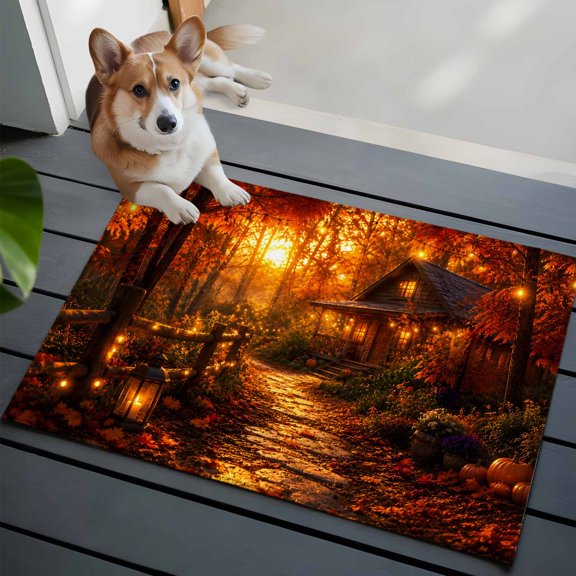 Autumn Log Cabin Front Door Rugs 2x3ft Rustic Country Stone Path String Light Forest Washable Rug, Non Slip Indoor Carpet Absorbent Floor Mat for Living Room Bedroom Dining Room