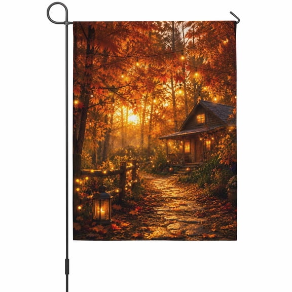 Autumn Log Cabin Garden Flag 12 x 18 Inches, Rustic Country Stone Path String Light Forest Weather Proof Outdoor Patio Flags Double Sided Small Garden Decoration for Yard Outside Home
