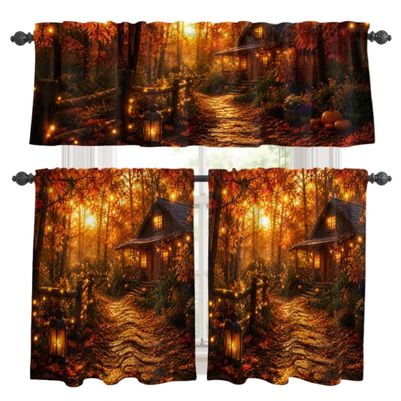Autumn Log Cabin Kitchen Curtains and Valances Set, Rustic Country Stone Path String Light Forest 3 Piece Curtains Valances and Tiers Set Rod Pocket for Kitchen Bathroom Windows 24 Inch