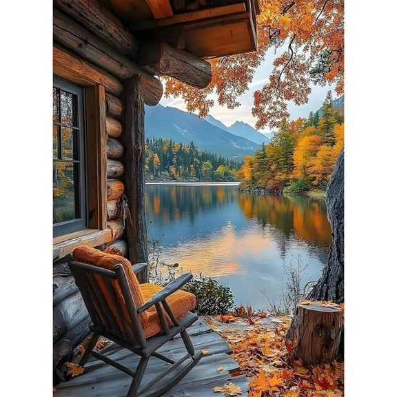 Autumn Log Cabin Lake Mountain Diamond Painting Kit, Fall Forest Scenery Rocking Chair Wall Art Decor
