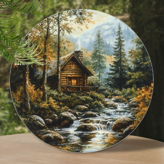 Autumn Log Cabin by Mountain Stream Round Aluminum Sign - Nature Wall Decor, 1pc, 8" Wall Art Metal Sign, For Office, Cafe, Bedroom Decor, Room, Home, Ideal Gift, Weather Resistant, 2D Flat