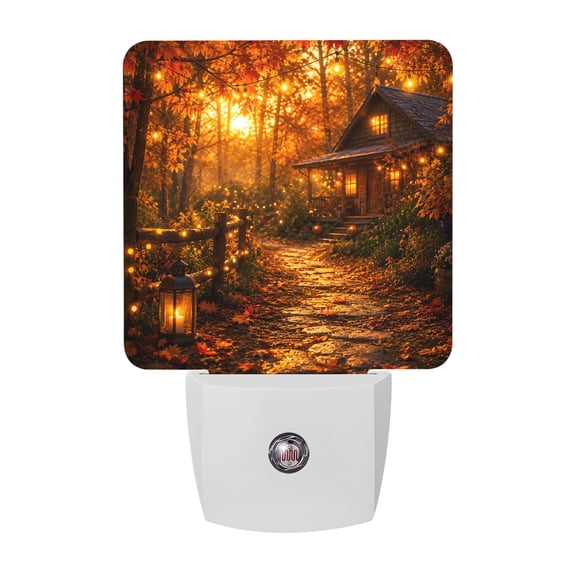 Autumn Log Cabin Night Lights, Rustic Country Stone Path String Light Forest Smart Auto Dusk to Dawn Sensor Nightlights Plug-in Nightlight for Bedroom Bathroom Living Room Kitchen Hallway