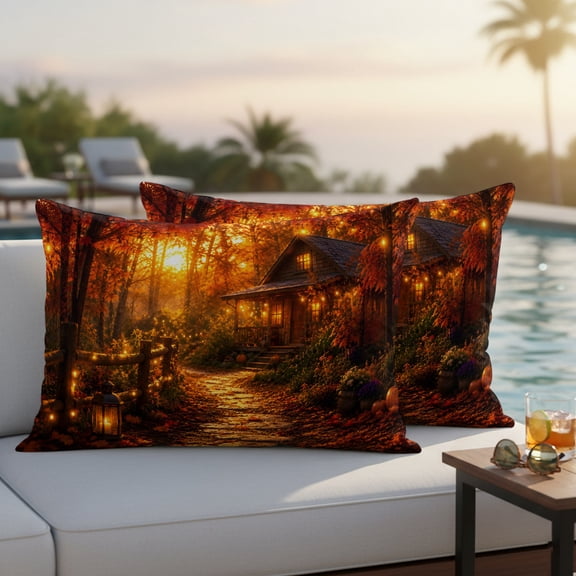 Autumn Log Cabin Outdoor Waterproof Throw Pillow Covers Set of 2, 20"x12", Rustic Country Stone Path String Light Forest Decorative Pillow Covers Outside Cushion Case for Patio Porch Garden