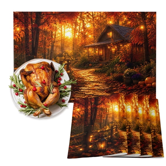 Autumn Log Cabin Placemats Set of 2, Rustic Country Stone Path String Light Forest Heat Insulated Linen Place Mats, Washable Stain-Proof Table Mats for Dining Tables Holiday Decor 13x19 Inches