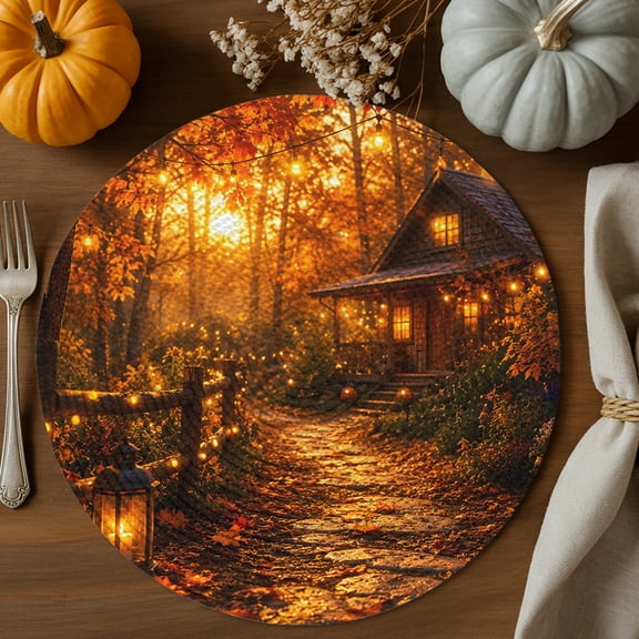 Autumn Log Cabin Round Braided Placemats Set of 2, Rustic Country Stone Path String Light Forest Heat Insulation Place Mats Washable Non-Slip Table Mats for Kitchen Dining Party, 13 Inches